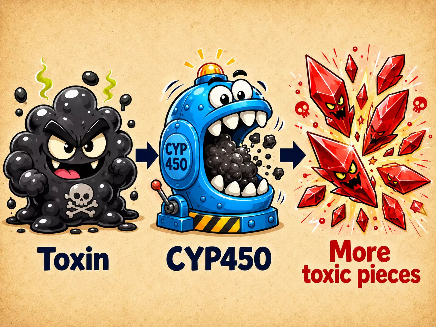 A cartoon infographic showing a toxin monster being processed by a CYP450 machine into more toxic pieces.